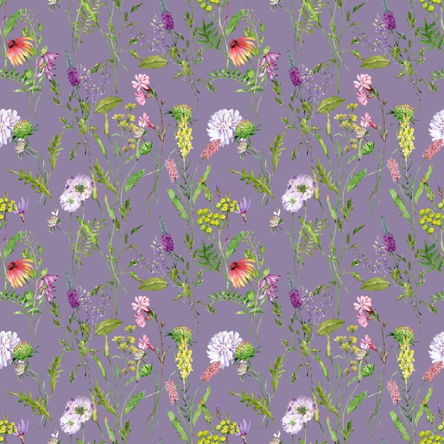 Watercolor seamless pattern with wildflower bouquets Hand drawn floral background Meadow herbs