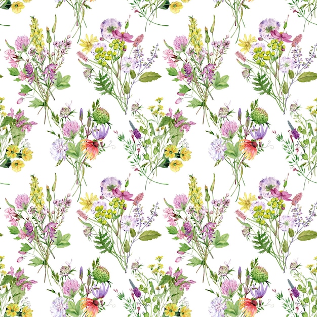 Watercolor seamless pattern with wildflower bouquets Hand drawn floral background