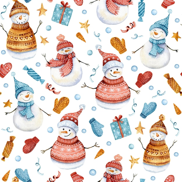 Watercolor seamless pattern with winter snowmen in cartoon style