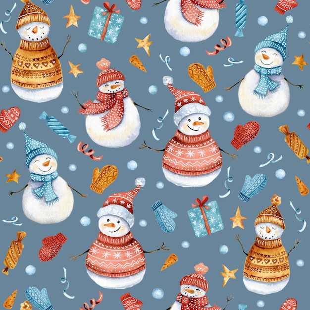 Watercolor seamless pattern with winter snowmen in cartoon style