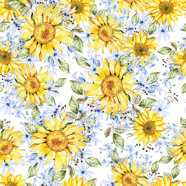 Watercolor seamless pattern with yellow and blue flowers Illustration