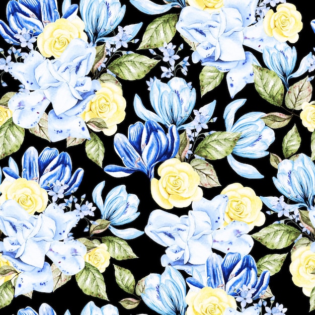 Watercolor seamless pattern with yellow and blue flowers Illustration