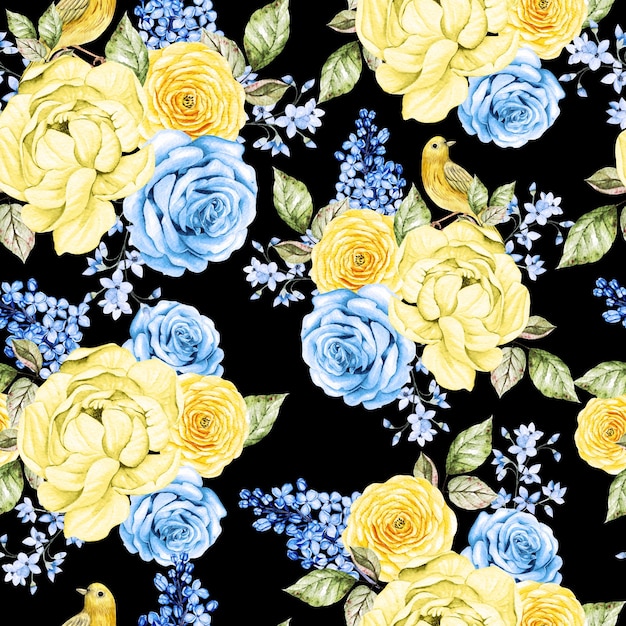 Watercolor seamless pattern with yellow and blue flowers Illustration