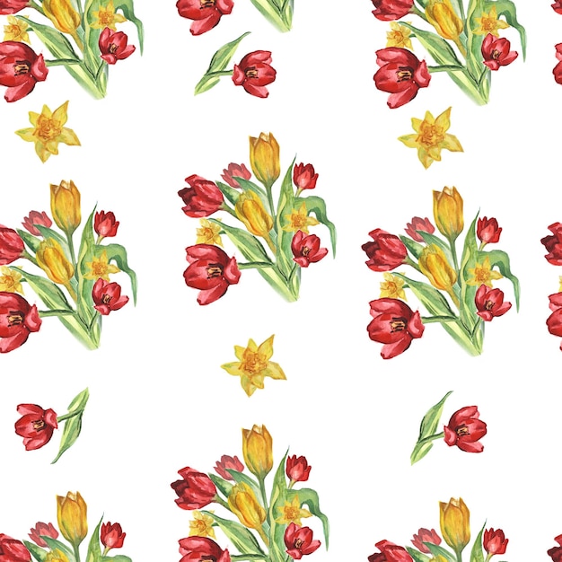 Watercolor seamless pattern with yellow and red tulips.