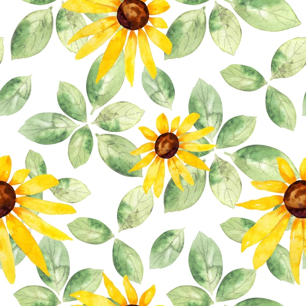 Watercolor seamless pattern with yellow sunflowers and green leaves