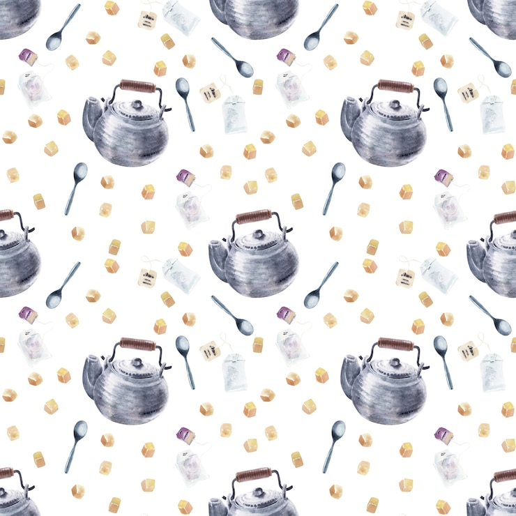 Photo watercolor seamless patterns on the theme of tea drinking