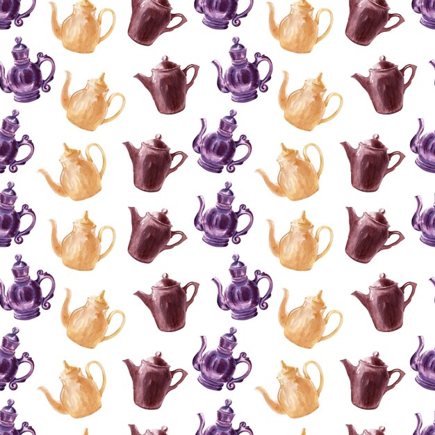 Watercolor seamless patterns on the theme of tea drinking