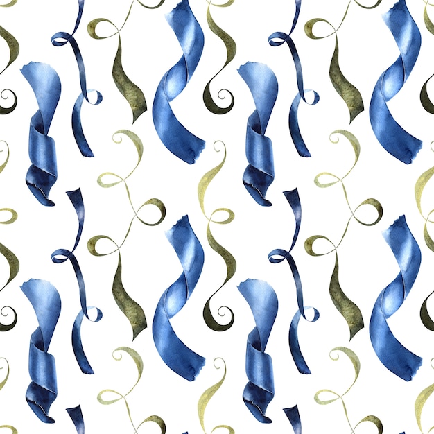 Watercolor seamless patterns with velvet, silk and gold ribbons. Shiny curls