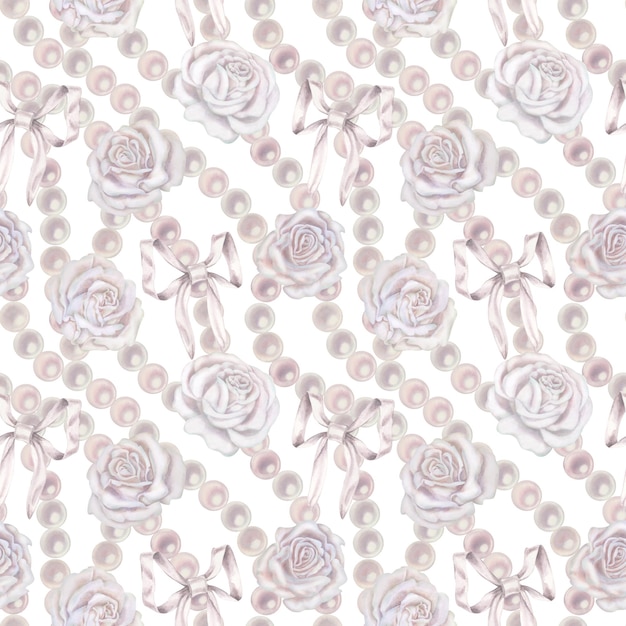 Акварель бесшовные узоры с белыми розами зеленые листья в пастельной палитре в винтажном стиле для