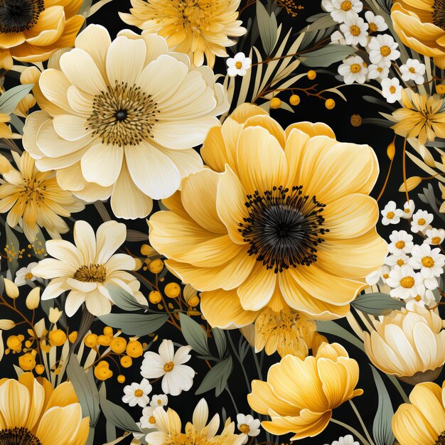 Watercolor seamless patterns of yellow flowers