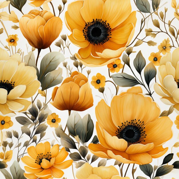 Watercolor seamless patterns of yellow flowers