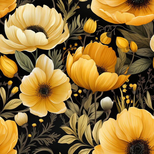 Watercolor seamless patterns of yellow flowers