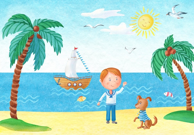 Vista sul mare dell'acquerello con un ragazzo e un cane su una spiaggia