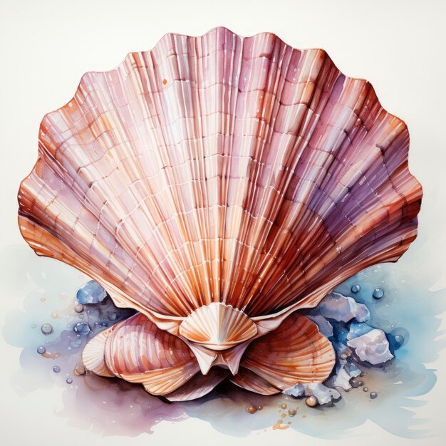 Watercolor seashell clipart on white background