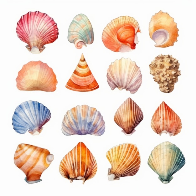 watercolor seashells elements set