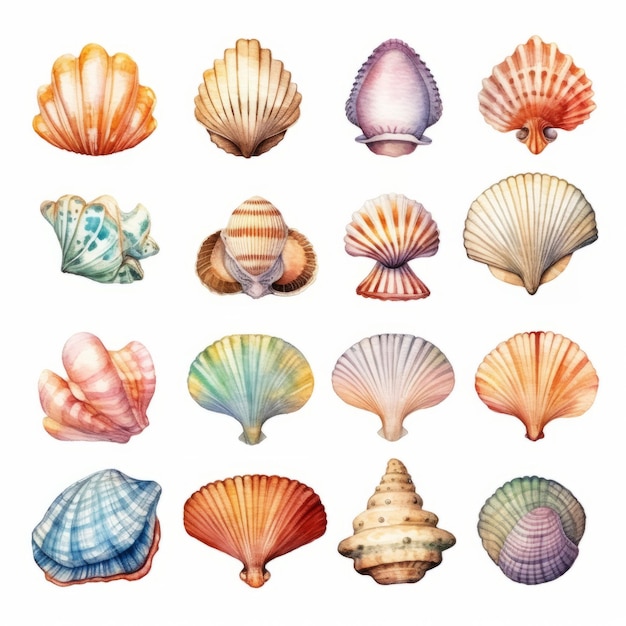 watercolor seashells elements set