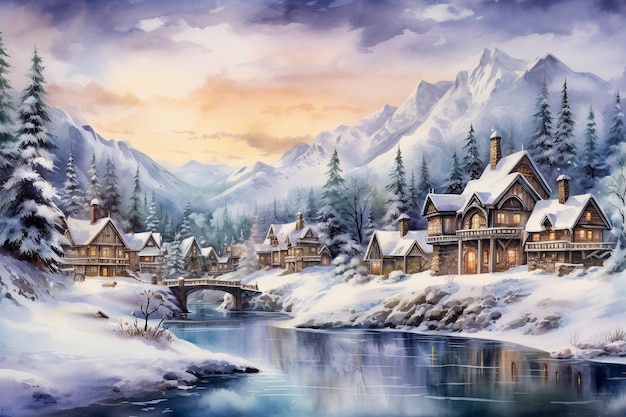 An Watercolor Seasons SnowCovered Village