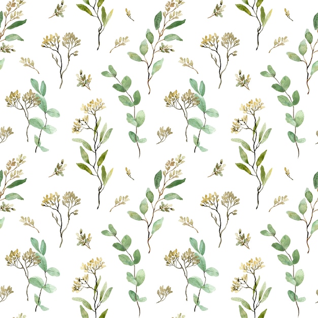 Watercolor seeded eucalyptus seamless pattern. Green leaves. Greenery branches background. Floral illustration.