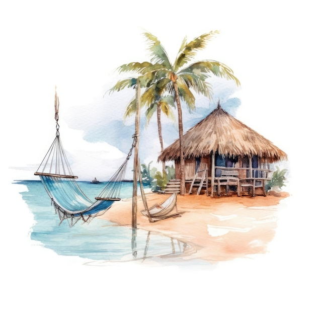 Watercolor of a serene beach with a hammock and a straw hut