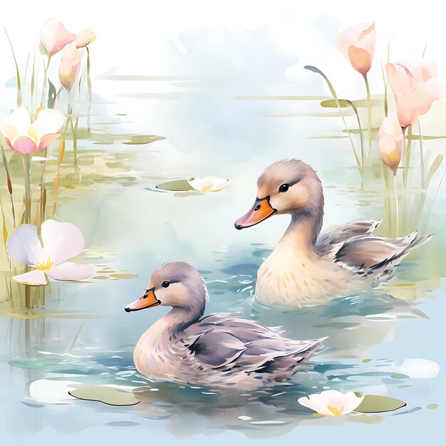 Photo watercolor of serene pond theme on handmade paper ducklings swimming among clipart pastel cute art