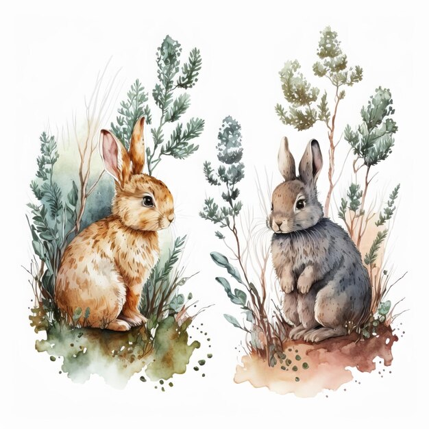 Photo watercolor set of 2 cute rabbits, hares, plants. forest baby animals, berries, pines, leaves