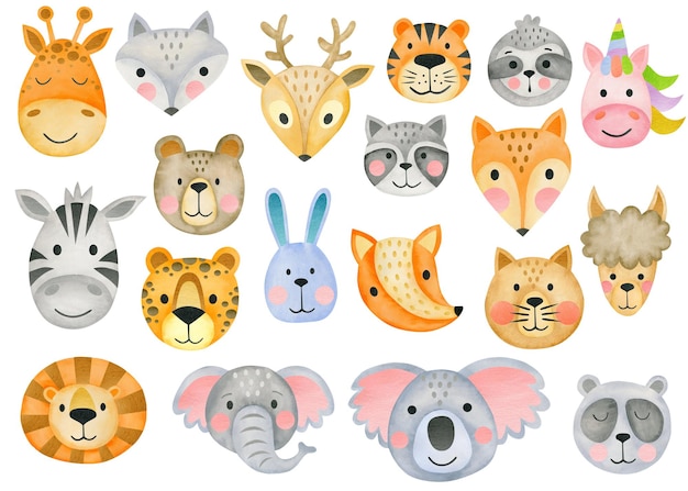 Watercolor set of animal faces isolated on white background