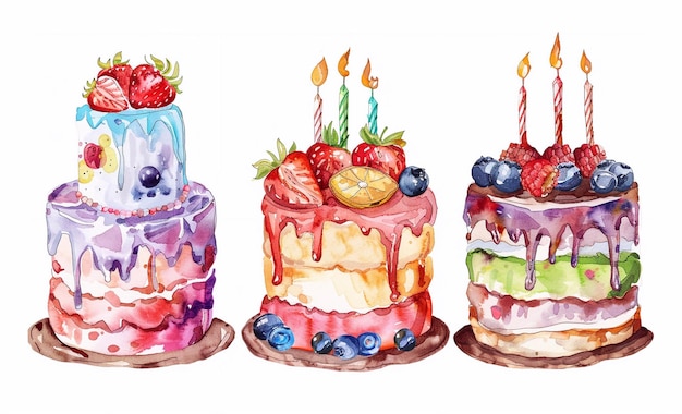 watercolor set of birthday cakes isolated on white background