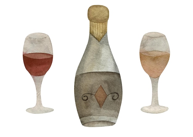 Watercolor set of bottle wine vintage style with glasses with red and white drinks