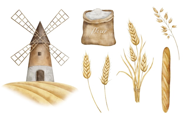 Акварельный набор хлеба Мельница, мука, багет, овес, пшеничное ухо, пекарня, иллюстрация