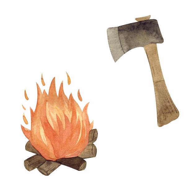 Photo watercolor set of camp fire and axe for woods