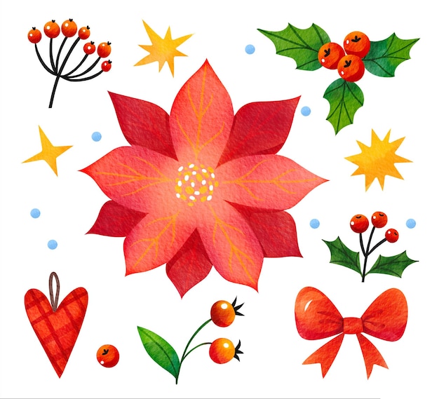 Watercolor set of Christmas illustrations. Bright colors. Poinsettia flower. Illustration isolated on white background.