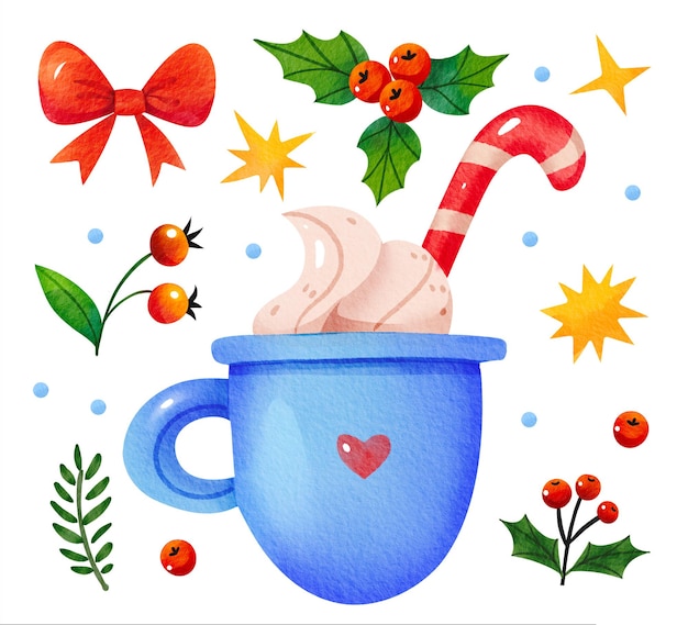 Watercolor set of Christmas illustrations. Bright colors. Winter drink, cocoa or coffee with cream. Illustration isolated on white background.