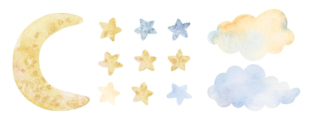 watercolor set clouds moon stars decorative elements watercolor illustrations clip art for nursery decorations for tshirt print wear fashion design baby shower kids cards linens wall stickers