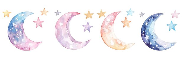 Watercolor set of crescent moon and stars on white background