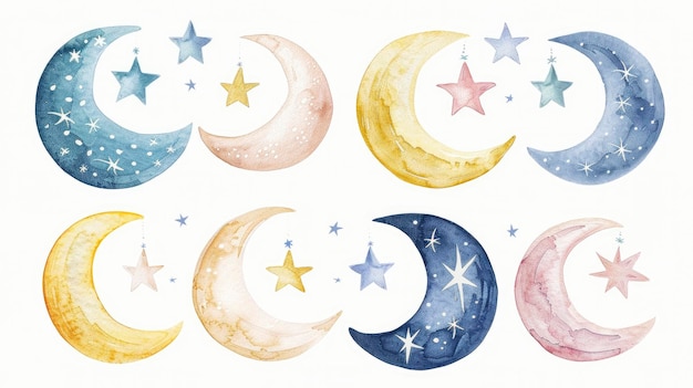 Watercolor set of crescent moon and stars on white background