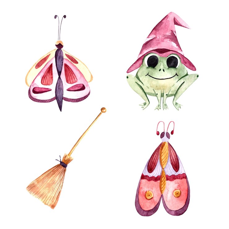 Watercolor set cute frog moths and butterflies mystique broom halloween