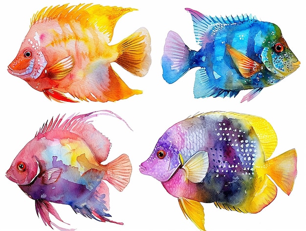 watercolor set of cute rainbow fish on white background