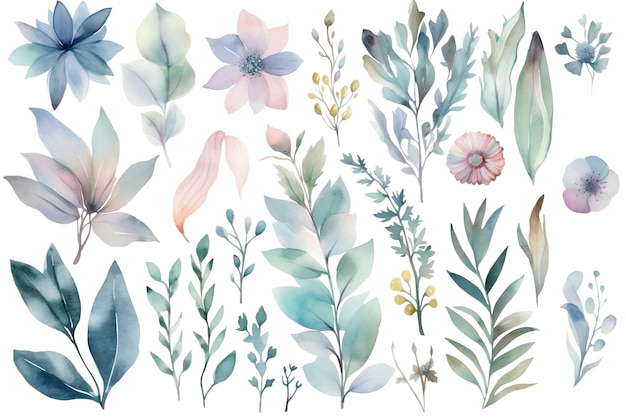 Watercolor set of different colors and leaves in pastel colors AI generated illustration