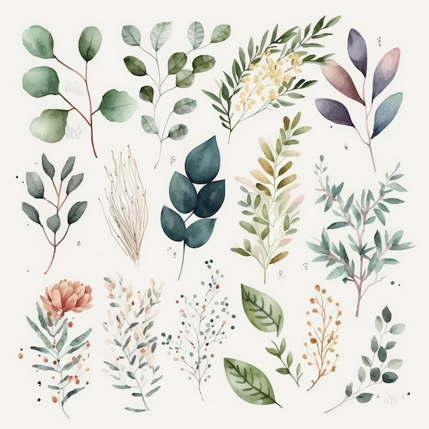 A watercolor set of different plants.