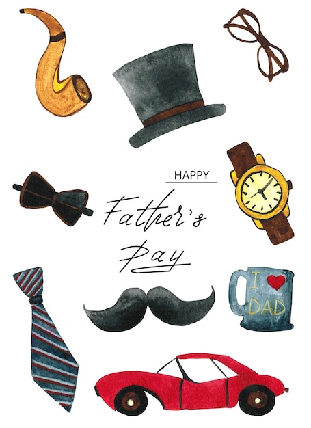 Photo watercolor set on fathers day the car hat mustache watches tube tie mug glasses