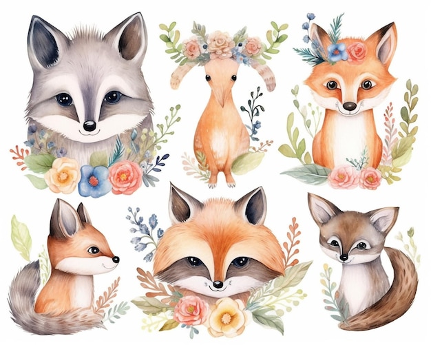 watercolor set of forest cartoon isolated cute baby fox