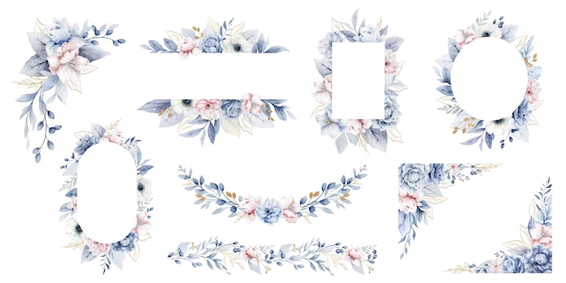 Watercolor set of frames and wreaths of dusty blue pink flowers wedding composition