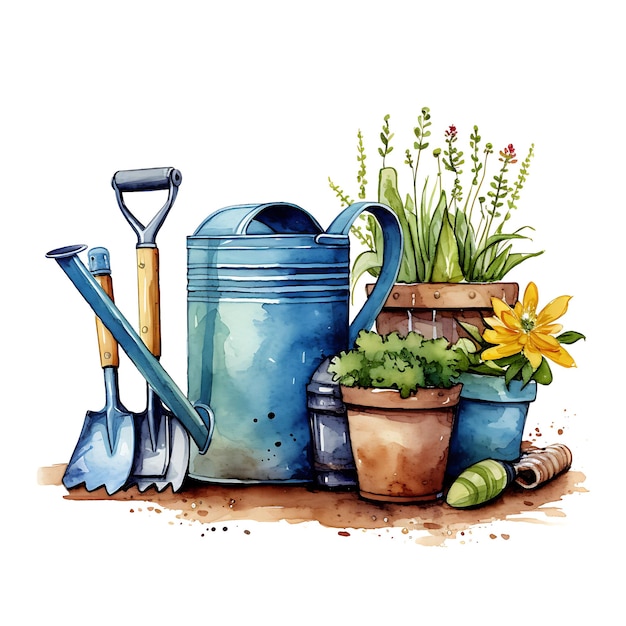 Watercolor of a Set of Gardening Tools Including a Spade Rak Home Accents on White Back Ground