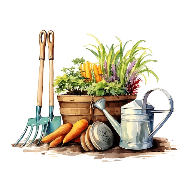 Watercolor of a Set of Gardening Tools Including a Spade Rak Home Accents on White Back Ground