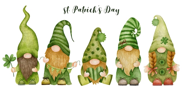 Watercolor set of gnomes illustrations StPatrick s Day