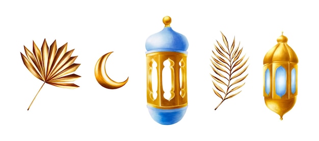 Watercolor set of golden pampas grass date palm branch gold moon and islamic arabian lantern