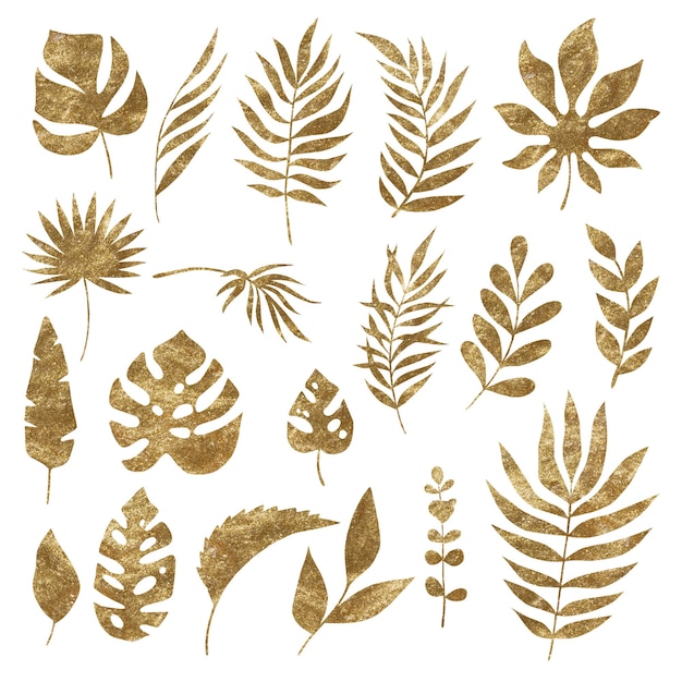 Акварельный набор золотых тропических листьев.