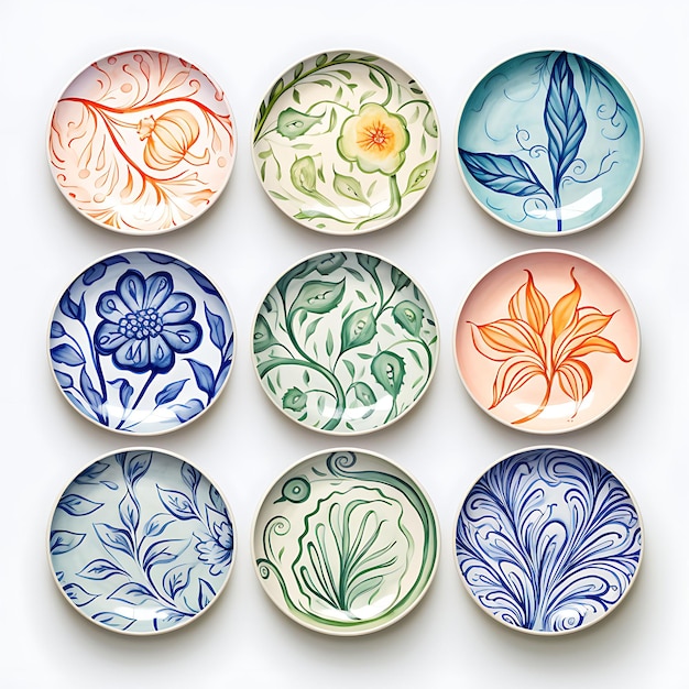 Watercolor of a set of hand painted ceramic plates featuring home accents on white back ground