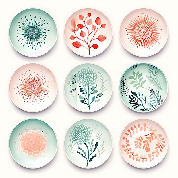 Watercolor of a Set of Hand Painted Ceramic Plates Featuring Home Accents on White Back Ground