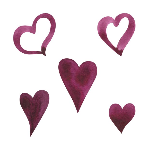 수채화 세트 심장 모양 레드 핑크 색상 화이트 절연 발렌타인 데이 카드에 대 한 손으로 그린 그림
